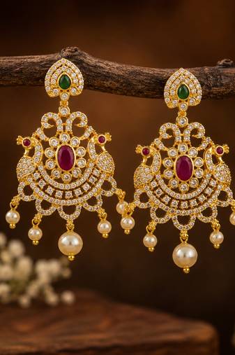 Traditional gold plated chandbali earrings with cz stones, ruby pink & green stones, pearl drops for women