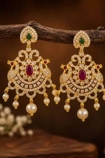 Traditional gold plated chandbali earrings with cz stones, ruby pink & green stones, pearl drops for women