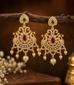 Traditional gold plated chandbali earrings with cz stones, ruby pink & green stones, pearl drops for women