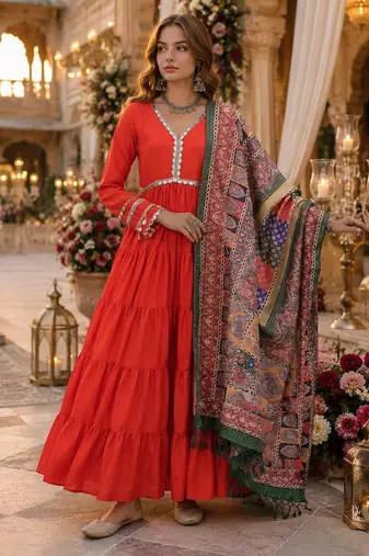 Orange roamn silk free size stitched anarkali suit with mirror lace work