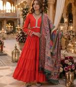 Orange roamn silk free size stitched anarkali suit with mirror lace work
