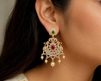 Traditional gold plated chandbali earrings with cz stones, ruby pink & green stones, pearl drops for women 2