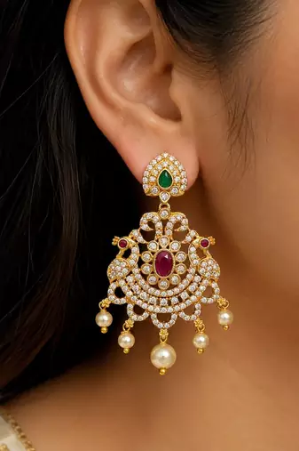 Traditional gold plated chandbali earrings with cz stones, ruby pink & green stones, pearl drops for women