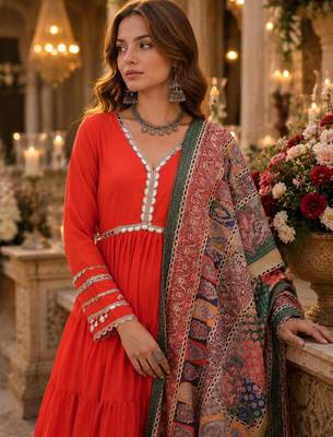 Orange roamn silk free size stitched anarkali suit with mirror lace work 2