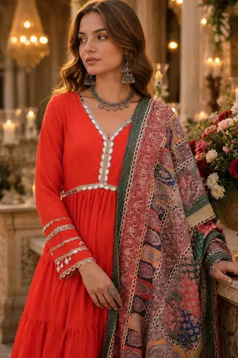 Orange roamn silk free size stitched anarkali suit with mirror lace work