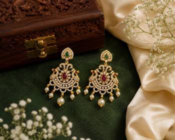 Traditional gold plated chandbali earrings with cz stones, ruby pink & green stones, pearl drops for women 3