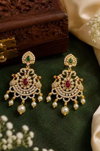 Traditional gold plated chandbali earrings with cz stones, ruby pink & green stones, pearl drops for women