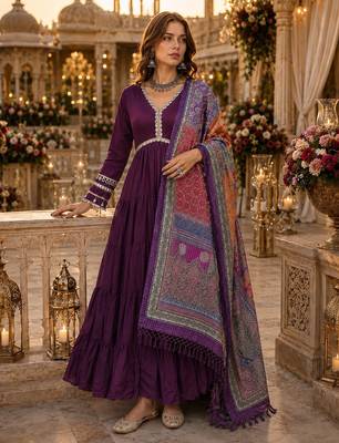 Purple roamn silk free size stitched anarkali suit with mirror lace work 1