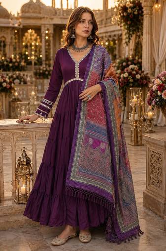 Purple roamn silk free size stitched anarkali suit with mirror lace work