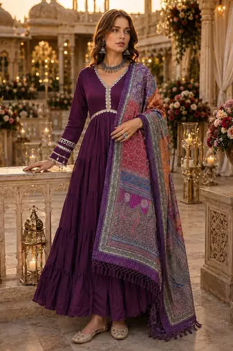 Purple roamn silk free size stitched anarkali suit with mirror lace work