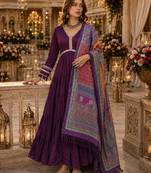 Purple roamn silk free size stitched anarkali suit with mirror lace work