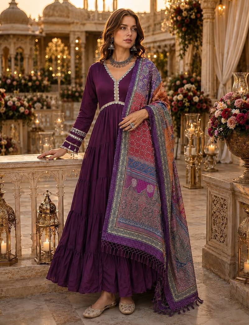 Purple roamn silk free size stitched anarkali suit with mirror lace work