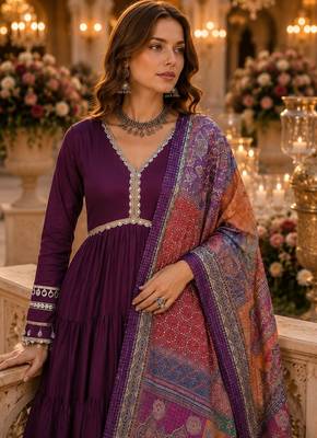 Purple roamn silk free size stitched anarkali suit with mirror lace work 2