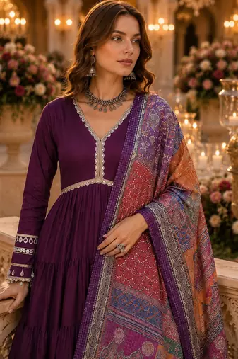 Purple roamn silk free size stitched anarkali suit with mirror lace work