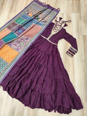 Purple roamn silk free size stitched anarkali suit with mirror lace work 3
