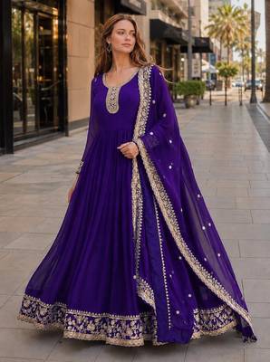 Purple georgette anarkali suit with embroidery & zari work 1