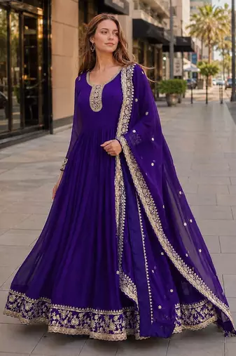 Purple georgette anarkali suit with embroidery & zari work
