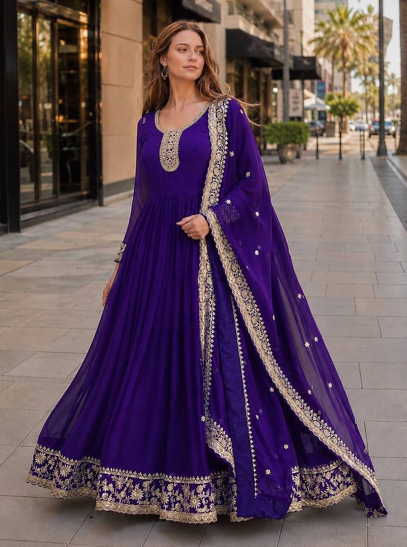 Purple georgette readymade anarkali suit with embroidery & zari work