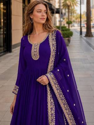 Purple georgette anarkali suit with embroidery & zari work 2