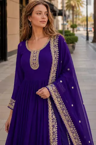 Purple georgette anarkali suit with embroidery & zari work