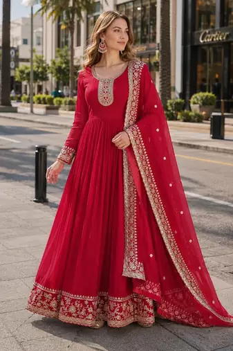 Red georgette readymade anarkali suit with embroidery & zari work