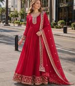 Red georgette readymade anarkali suit with embroidery & zari work
