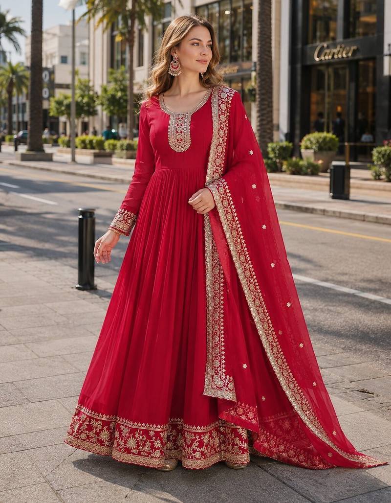 Red georgette readymade anarkali suit with embroidery & zari work