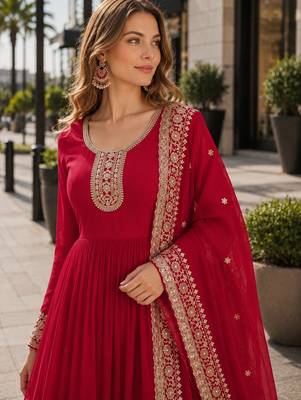 Red georgette readymade anarkali suit with embroidery & zari work 2