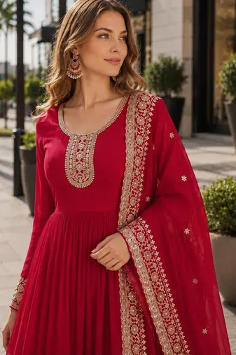 Red georgette readymade anarkali suit with embroidery & zari work