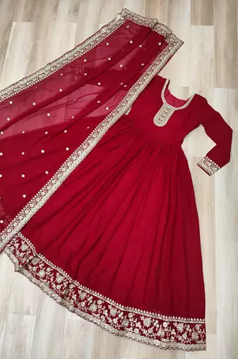 Red georgette readymade anarkali suit with embroidery & zari work