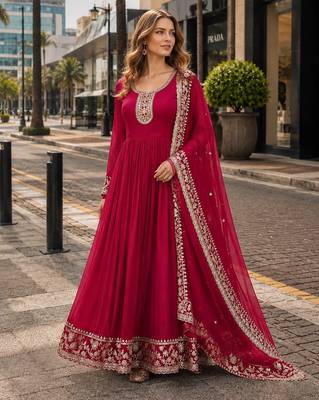 Pink georgette readymade anarkali suit with embroidery & zari work 1