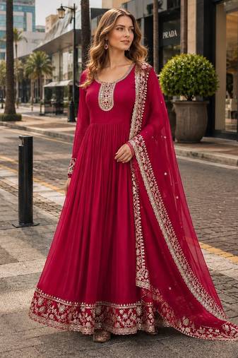 Pink georgette readymade anarkali suit with embroidery & zari work