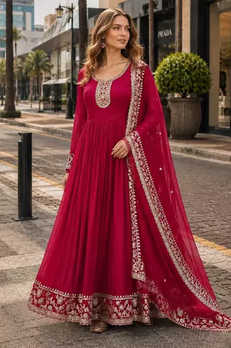 Pink georgette readymade anarkali suit with embroidery & zari work