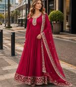 Pink georgette readymade anarkali suit with embroidery & zari work