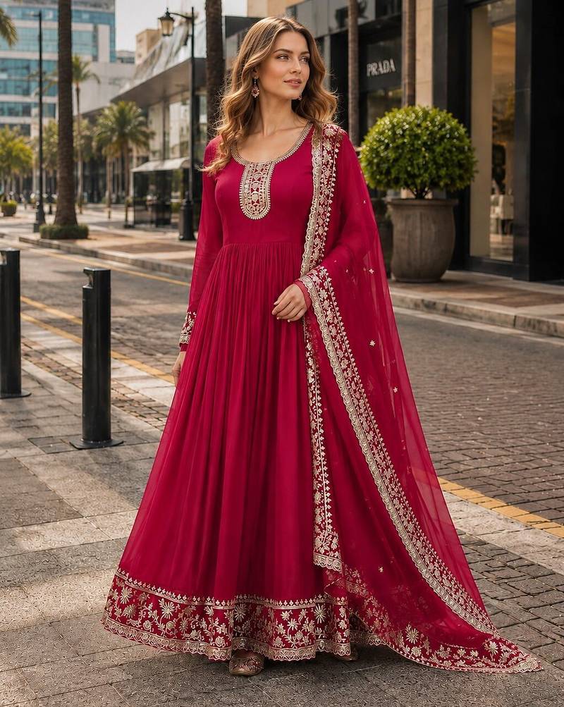Pink georgette readymade anarkali suit with embroidery & zari work