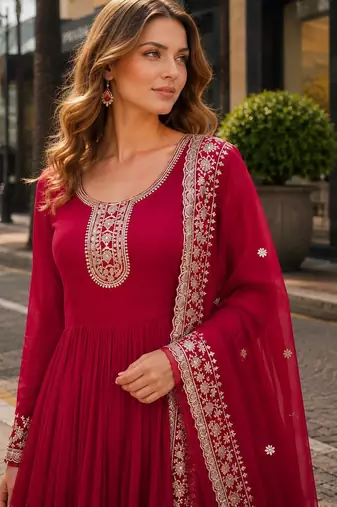 Pink georgette readymade anarkali suit with embroidery & zari work