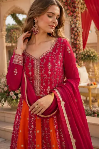 Rani georgette anarkali suit with embroidery & zari work