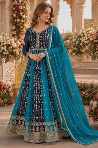 Blue georgette readymade anarkali suit with embroidery & zari work