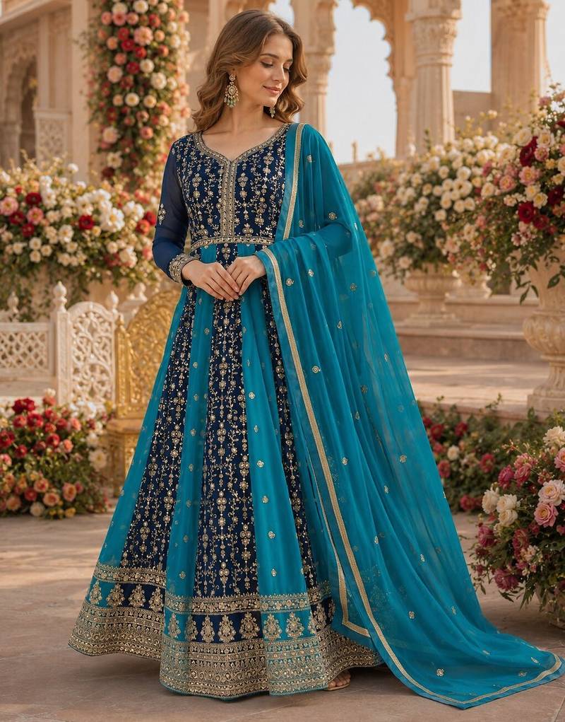 Blue georgette readymade anarkali suit with embroidery & zari work