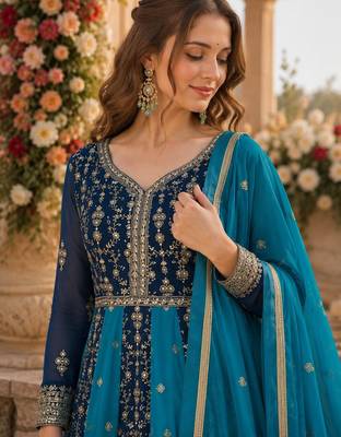 Blue georgette readymade anarkali suit with embroidery & zari work 2