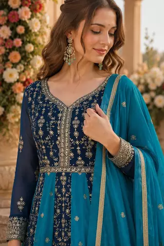Blue georgette readymade anarkali suit with embroidery & zari work