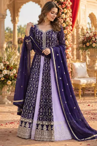 Purple georgette readymade anarkali suit with embroidery & zari work