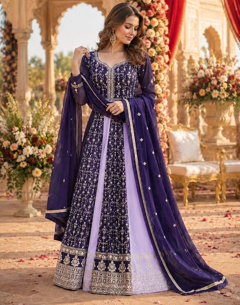 Purple georgette readymade anarkali suit with embroidery & zari work