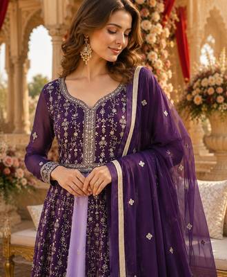Purple georgette readymade anarkali suit with embroidery & zari work 2