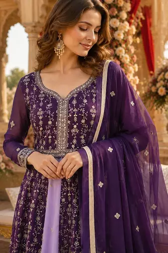Purple georgette readymade anarkali suit with embroidery & zari work