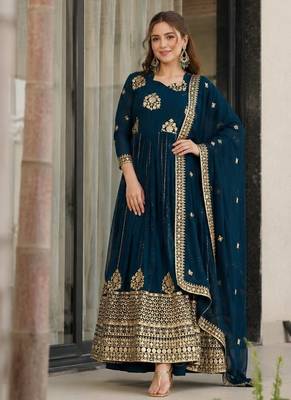 Navy georgette anarkali suit with embroidery & zari work 1