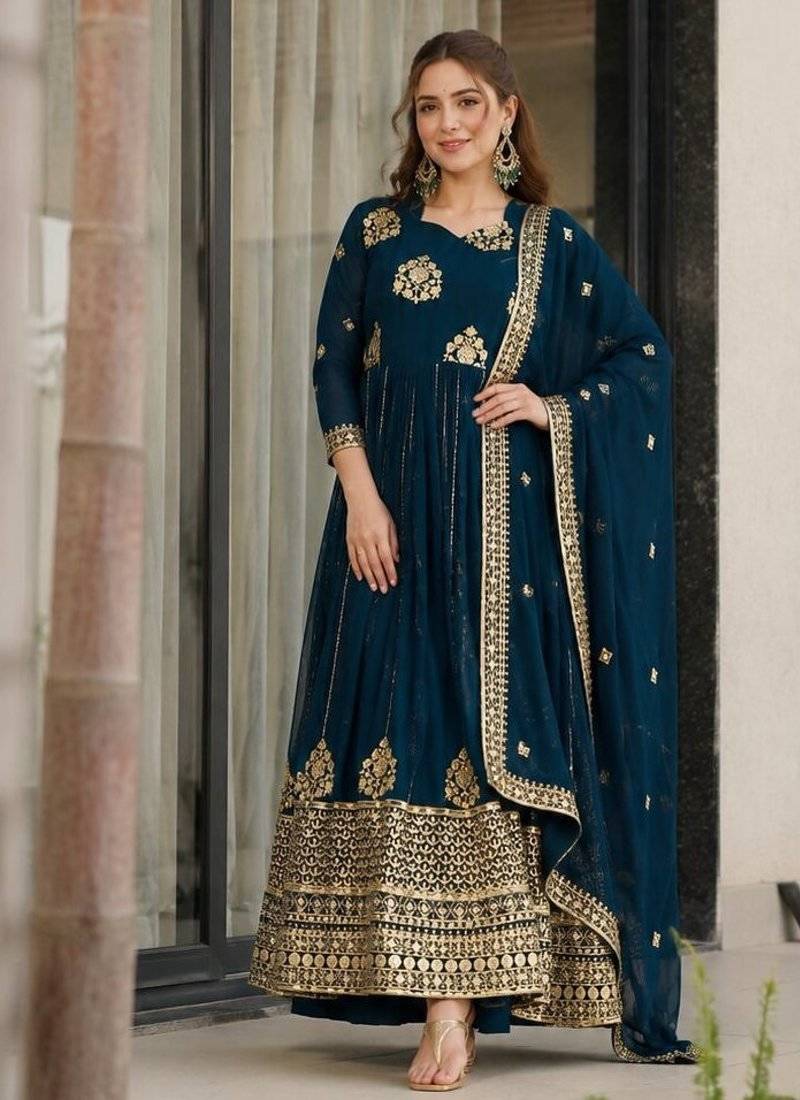 Navy georgette readymade anarkali suit with embroidery & zari work