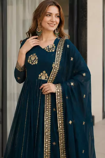 Navy georgette anarkali suit with embroidery & zari work