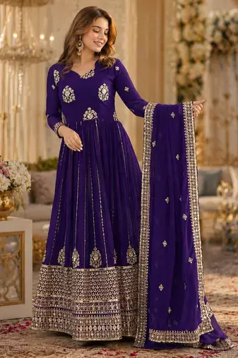 Violet georgette readymade anarkali suit with embroidery & zari work