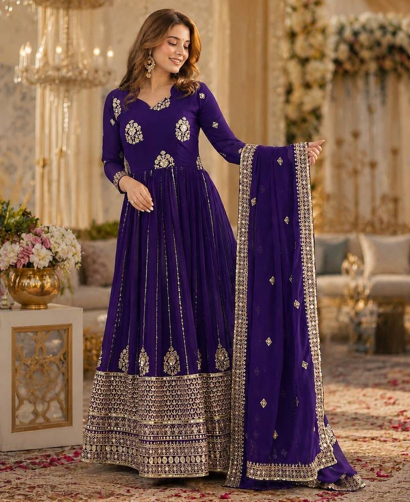 Violet georgette readymade anarkali suit with embroidery & zari work